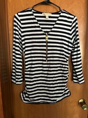 MICHAEL Michael Kors Black & White Striped Zip-Front Long Sleeve Top Size Medium